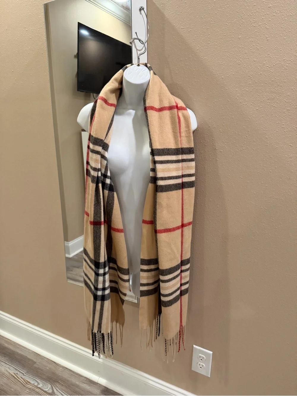 Source Unknown Beige Plaid Scarf with Black and Red Stripes
